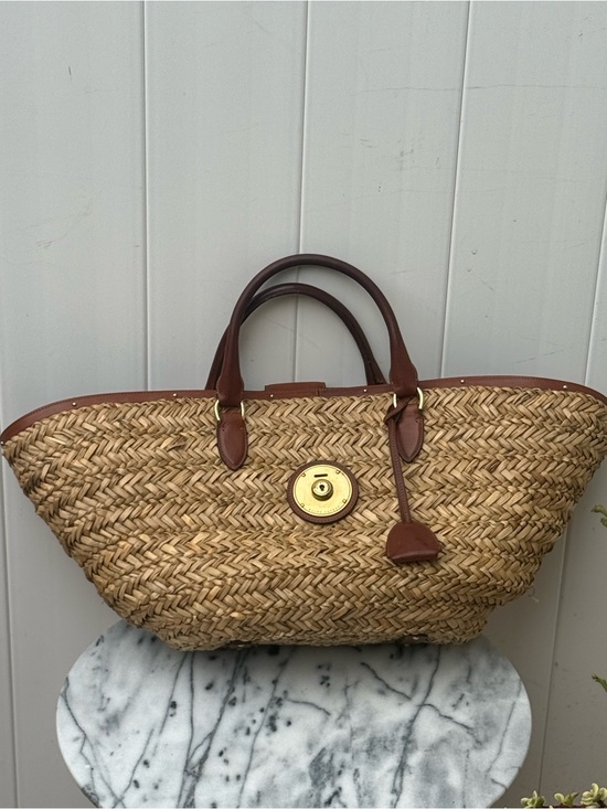 Ralph Lauren Handbags - Ralph Lauren Woven Straw Tote Bag with Brown Leather Trim